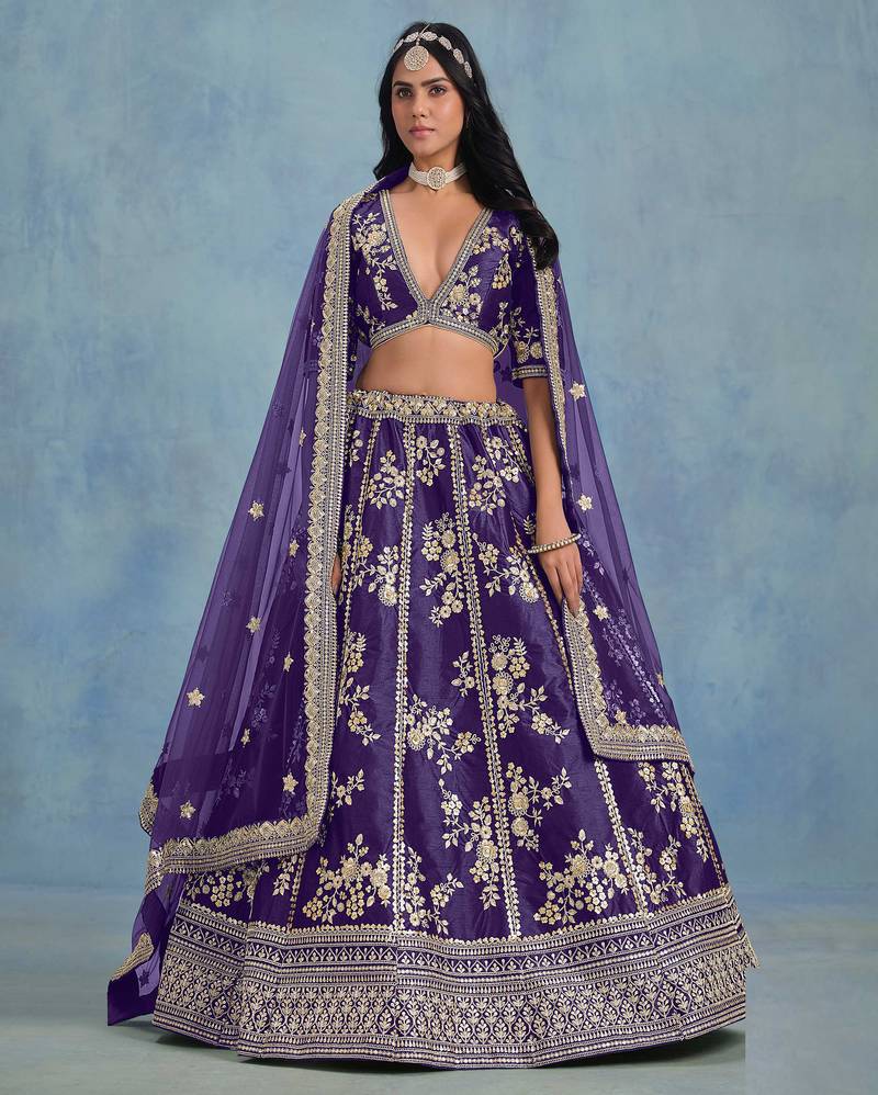Purple Art Silk Sequins Work Semi Stitched Lehenga Choli Size Up To 42