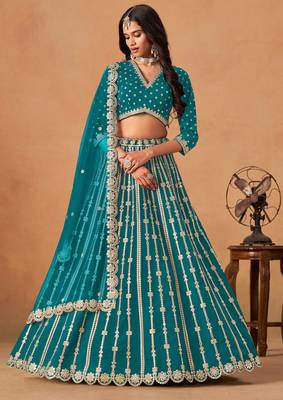 Teal Blue Art Silk Sequins Work Semi Stitched Lehenga Choli Size Up To 42 1