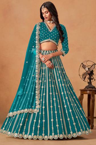 Teal Blue Art Silk Sequins Work Semi Stitched Lehenga Choli Size Up To 42