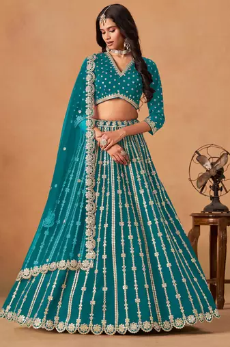 Teal Blue Art Silk Sequins Work Semi Stitched Lehenga Choli Size Up To 42