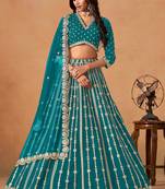 Teal Blue Art Silk Sequins Work Semi Stitched Lehenga Choli Size Up To 42