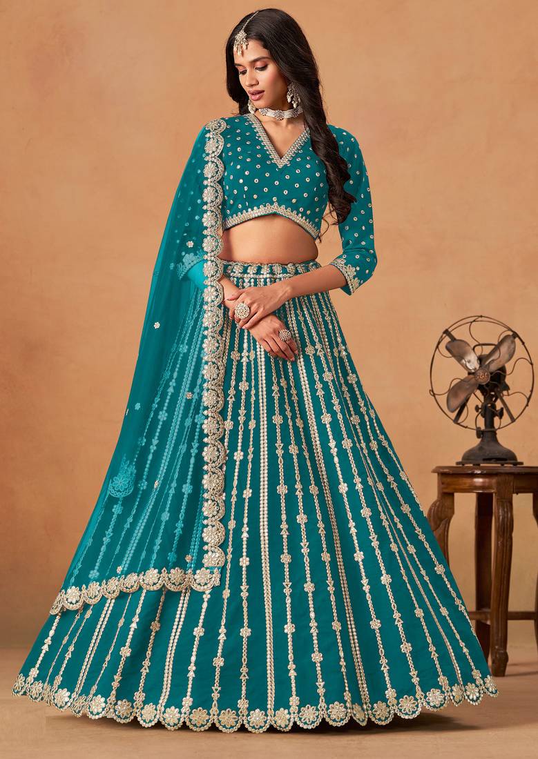 Teal Blue Art Silk Sequins Work Semi Stitched Lehenga Choli Size Up To 42