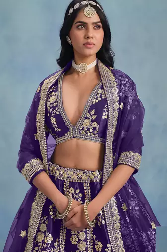 Purple Art Silk Sequins Work Semi Stitched Lehenga Choli Size Up To 42