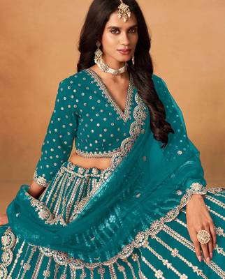 Teal Blue Art Silk Sequins Work Semi Stitched Lehenga Choli Size Up To 42 2