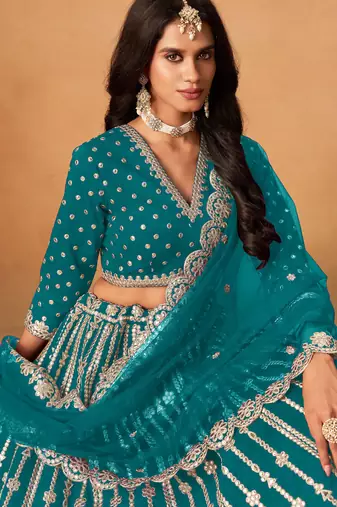Teal Blue Art Silk Sequins Work Semi Stitched Lehenga Choli Size Up To 42