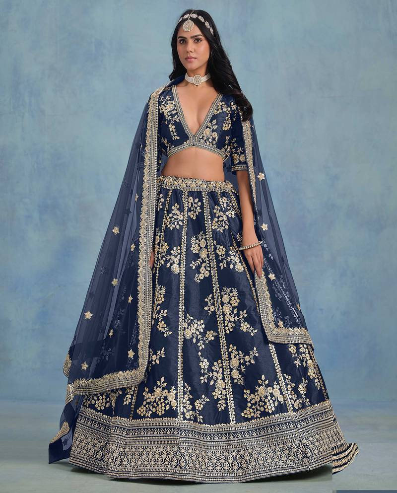 Navy Blue Art Silk Sequins Work Semi Stitched Lehenga Choli Size Up To 42