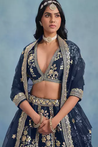Navy Blue Art Silk Sequins Work Semi Stitched Lehenga Choli Size Up To 42