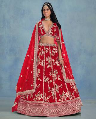 Red Art Silk Sequins Work Semi Stitched Lehenga Choli Size Up To 42 1