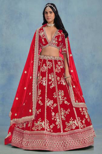 Red Art Silk Sequins Work Semi Stitched Lehenga Choli Size Up To 42