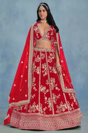 Red Art Silk Sequins Work Semi Stitched Lehenga Choli Size Up To 42