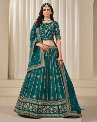 Green Art Silk Sequins Work Semi Stitched Lehenga Choli Size Up To 42 1