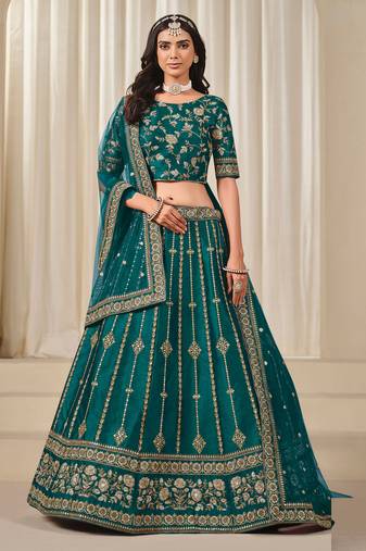Green Art Silk Sequins Work Semi Stitched Lehenga Choli Size Up To 42