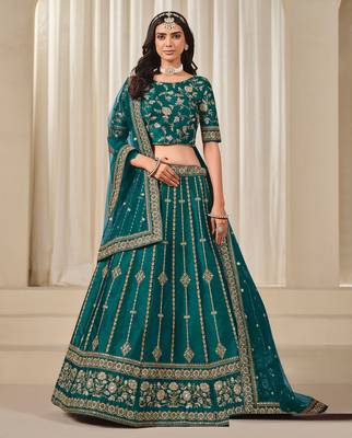Green Art Silk Sequins Work Semi Stitched Lehenga Choli Size Up To 42 2