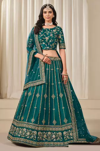 Green Art Silk Sequins Work Semi Stitched Lehenga Choli Size Up To 42