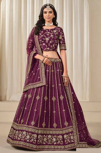 Purple Art Silk Sequins Work Semi Stitched Lehenga Choli Size Up To 42