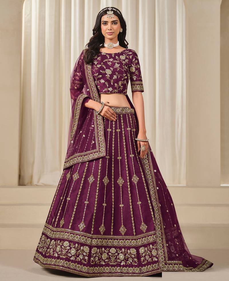 Purple Art Silk Sequins Work Semi Stitched Lehenga Choli Size Up To 42