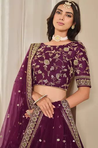 Purple Art Silk Sequins Work Semi Stitched Lehenga Choli Size Up To 42