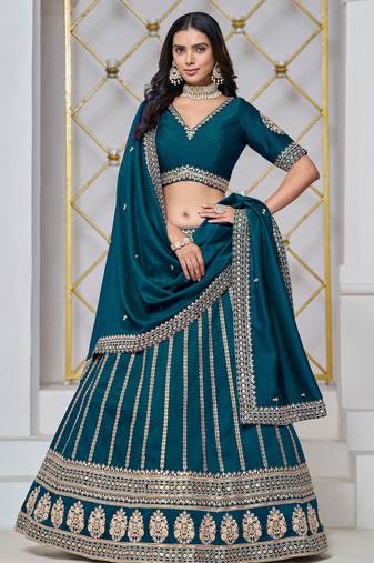 Teal Blue Art Silk Sequins Work Semi Stitched Lehenga Choli Size Up To 42