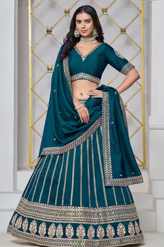 Teal Blue Art Silk Sequins Work Semi Stitched Lehenga Choli Size Up To 42