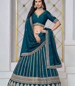 Teal Blue Art Silk Sequins Work Semi Stitched Lehenga Choli Size Up To 42