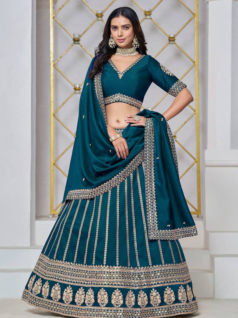 Teal Blue Art Silk Sequins Work Semi Stitched Lehenga Choli Size Up To 42
