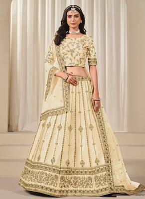 Cream Art Silk Sequins Work Semi Stitched Lehenga Choli Size Up To 42 1