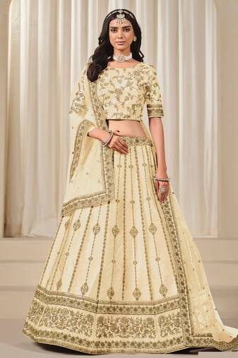 Cream Art Silk Sequins Work Semi Stitched Lehenga Choli Size Up To 42