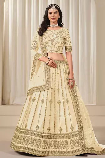 Cream Art Silk Sequins Work Semi Stitched Lehenga Choli Size Up To 42