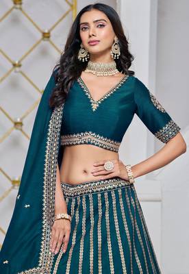 Teal Blue Art Silk Sequins Work Semi Stitched Lehenga Choli Size Up To 42 2
