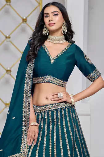 Teal Blue Art Silk Sequins Work Semi Stitched Lehenga Choli Size Up To 42