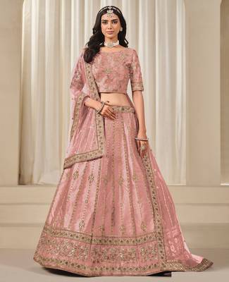 Pink Art Silk Sequins Work Semi Stitched Lehenga Choli Size Up To 42 1
