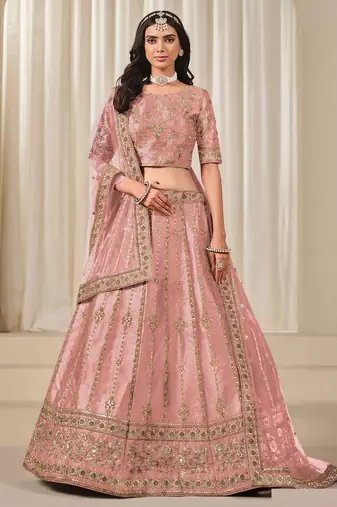 Pink Art Silk Sequins Work Semi Stitched Lehenga Choli Size Up To 42