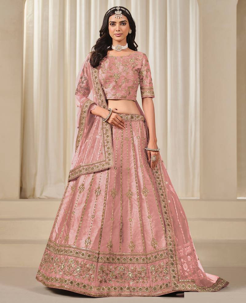Pink Art Silk Sequins Work Semi Stitched Lehenga Choli Size Up To 42