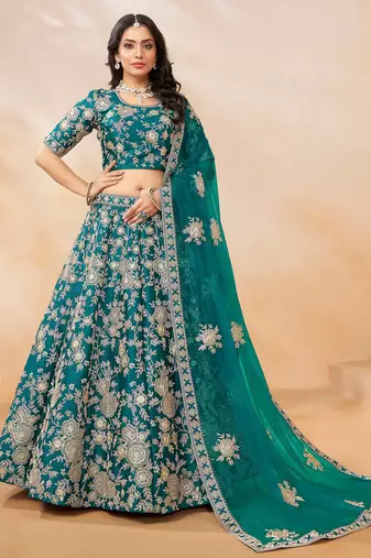 Teal Green Art Silk Sequins Work Semi Stitched Lehenga Choli Size Up To 42