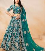 Teal Green Art Silk Sequins Work Semi Stitched Lehenga Choli Size Up To 42