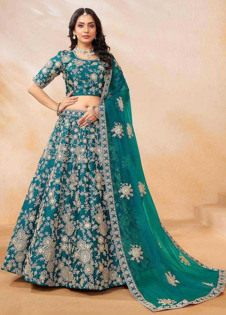 Teal Green Art Silk Sequins Work Semi Stitched Lehenga Choli Size Up To 42