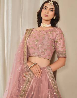 Pink Art Silk Sequins Work Semi Stitched Lehenga Choli Size Up To 42 2