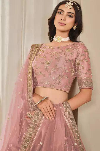 Pink Art Silk Sequins Work Semi Stitched Lehenga Choli Size Up To 42