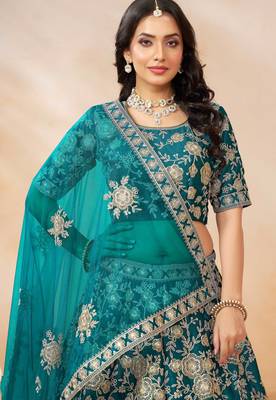 Teal Green Art Silk Sequins Work Semi Stitched Lehenga Choli Size Up To 42 2