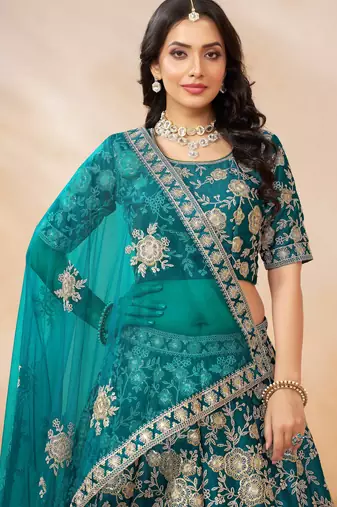 Teal Green Art Silk Sequins Work Semi Stitched Lehenga Choli Size Up To 42