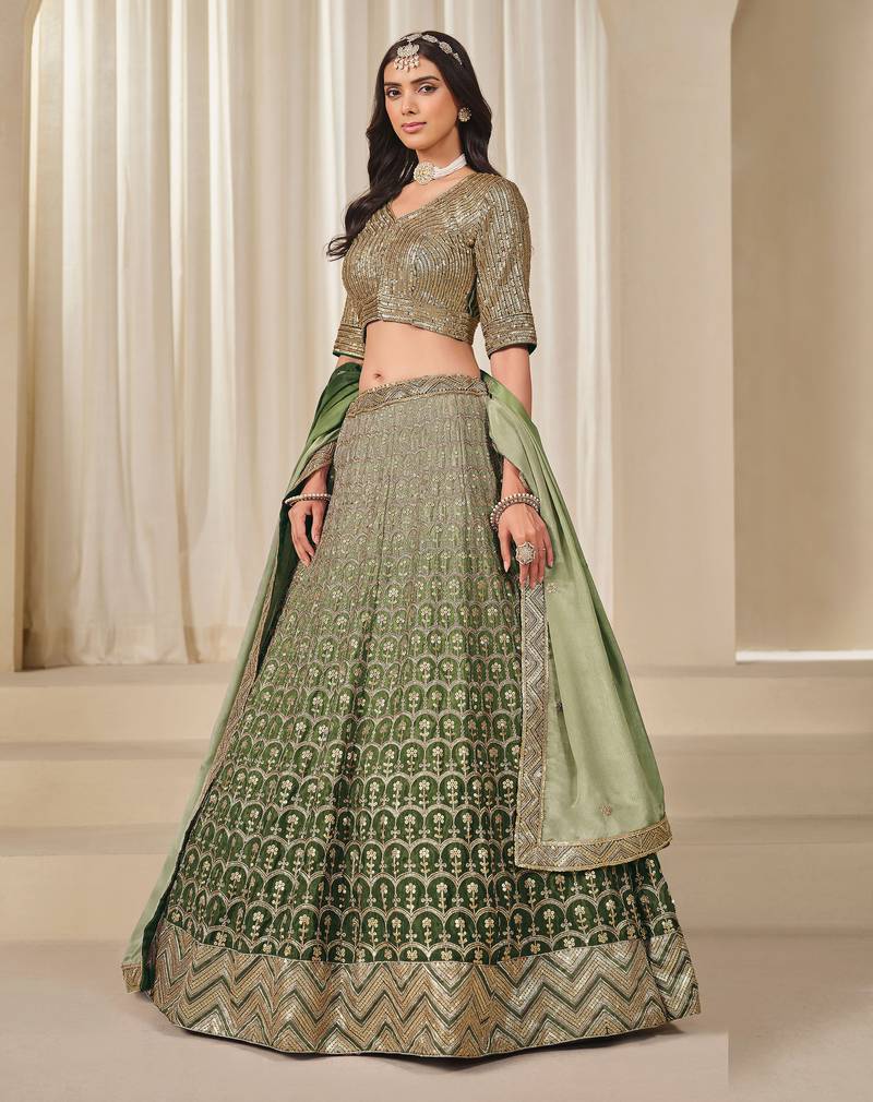 Mehendi Chiffon Sequins Work Semi Stitched Lehenga Choli Size Up To 42