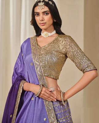 Purple Chiffon Sequins Work Semi Stitched Lehenga Choli Size Up To 42 2