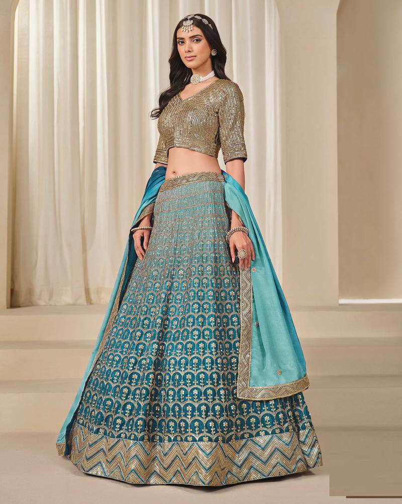 Green Chiffon Sequins Work Semi Stitched Lehenga Choli Size Up To 42