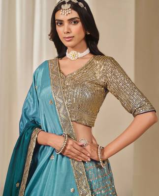 Green Chiffon Sequins Work Semi Stitched Lehenga Choli Size Up To 42 2