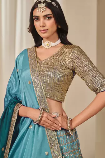 Green Chiffon Sequins Work Semi Stitched Lehenga Choli Size Up To 42