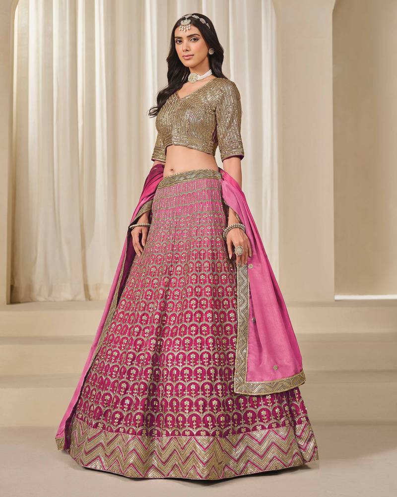Pink Chiffon Sequins Work Semi Stitched Lehenga Choli Size Up To 42