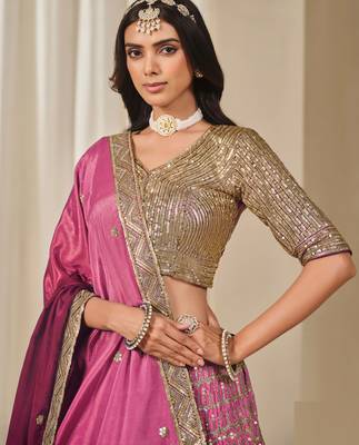 Pink Chiffon Sequins Work Semi Stitched Lehenga Choli Size Up To 42 2