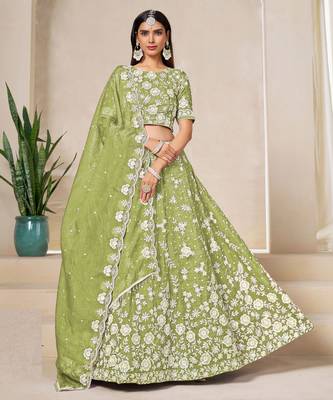 Green Organza Sequins Work Semi Stitched Lehenga Choli Size Up To 42 1