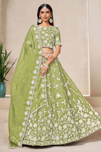 Green Organza Sequins Work Semi Stitched Lehenga Choli Size Up To 42