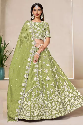 Green Organza Sequins Work Semi Stitched Lehenga Choli Size Up To 42